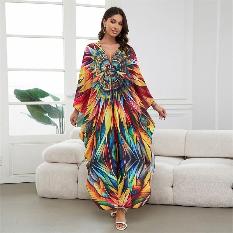 EDOLYNSA Vintage colorido impresso feminino plus size kaftan 2024 verão boho decote em v manga morcego sexy praia cover-ups aconchegante casa vestido q1588