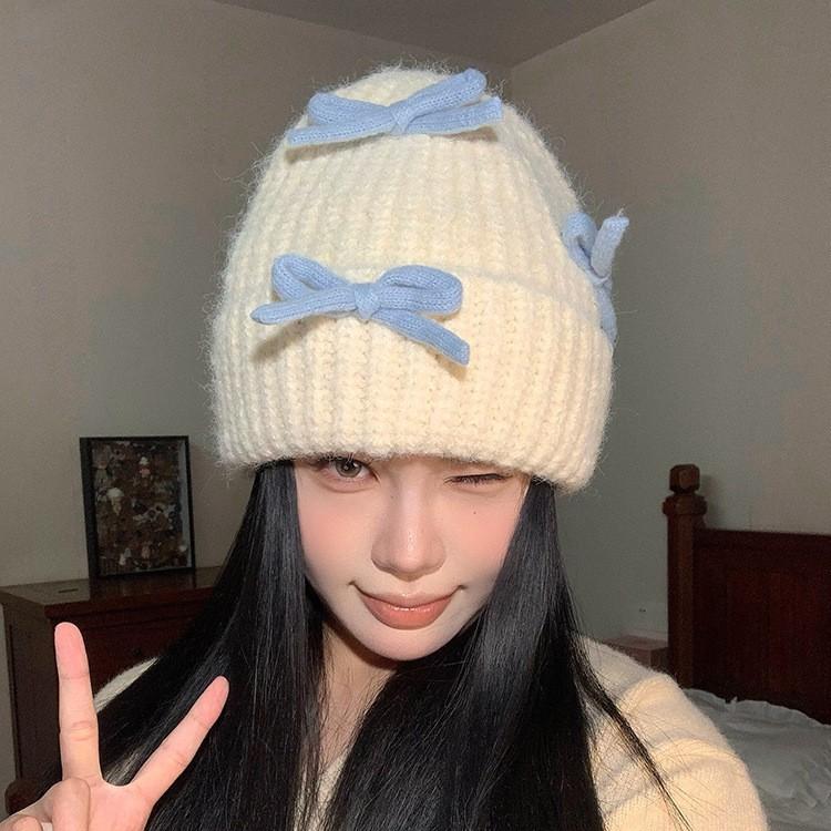 Bow Knitted Woolen Hat for Women In Autumn and Winter Warm and Versatile Thickened Ear Protection Face Showing Small Cold Hat