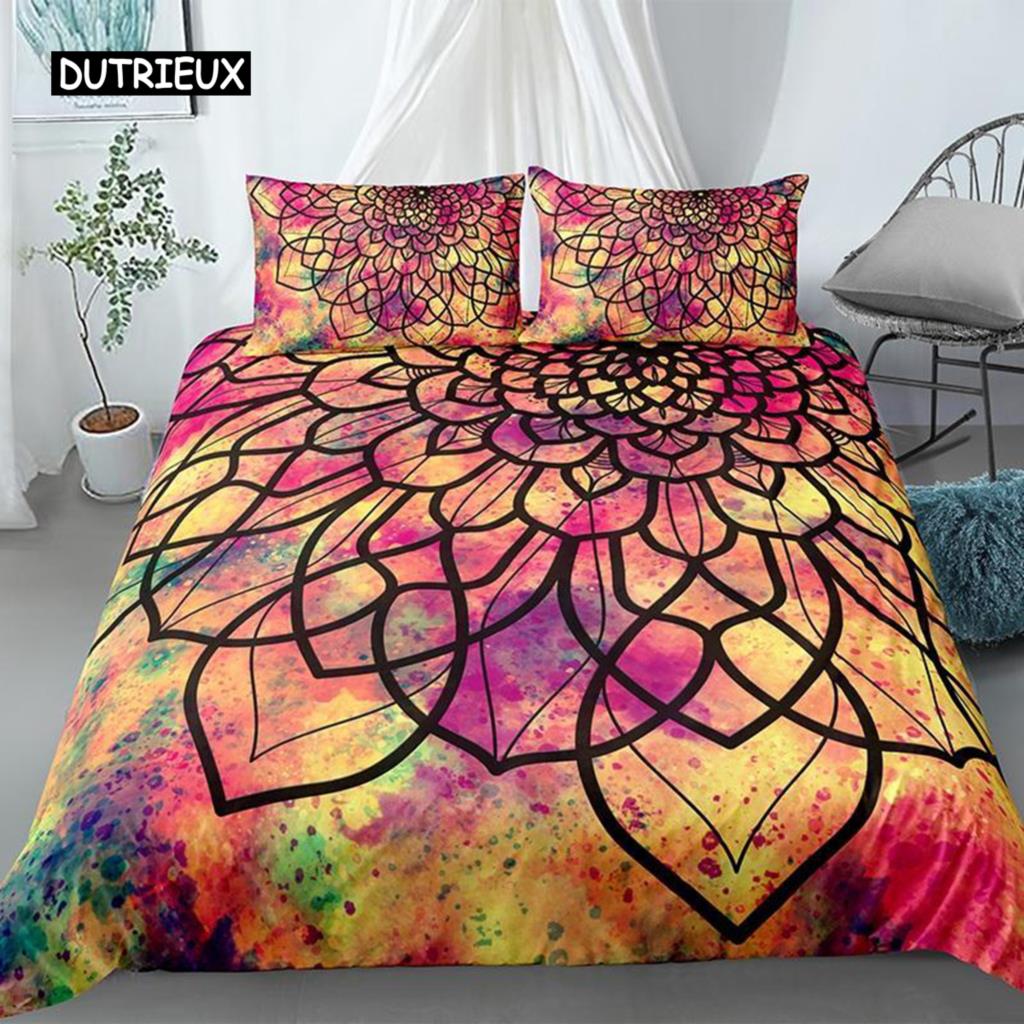 Mandala Duvet Cover Set King Polyester Tie Dye Paisley Quilt Cover Purple Boho Hippie Trippy Floral Exotic Style Bedding Set