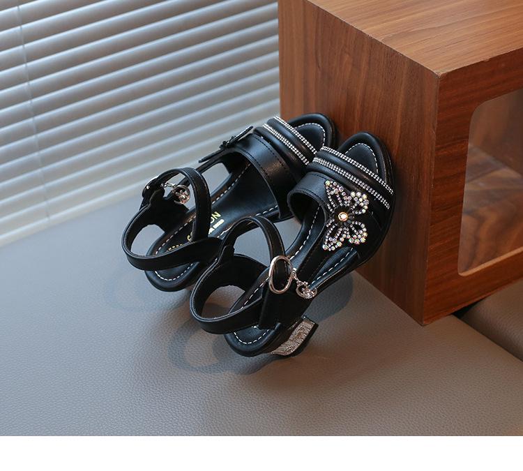 Girls' Summer Sandals with Rhinestone Butterflies, Children's Fashionable High Heels, Versatile Princess Style