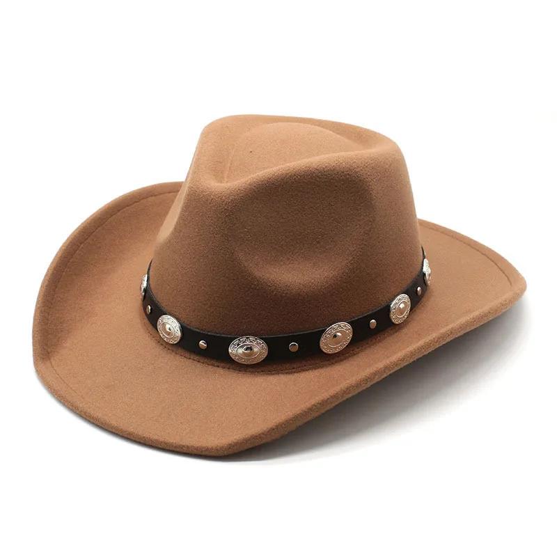 Damen Western Cowboyhüte Nietenbesetzte Eingedrückte Western Cowgirl Hüte Breiter Rand Fedoras Hut mit Gürtelschnalle