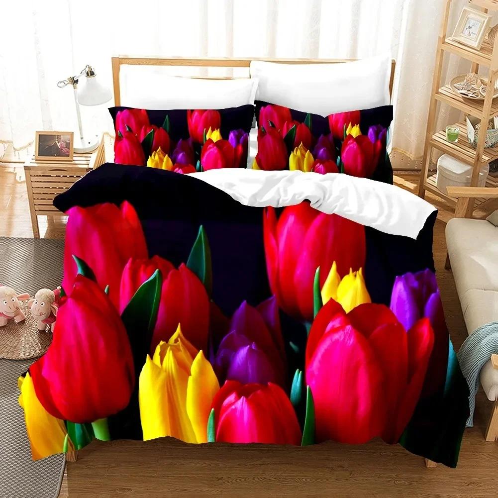 Fiori Tulipano Rosa Paesaggio Elegante Set Biancheria da Letto Singolo Gemello Matrimoniale Queen King Cal King Size Letto Set in Lino