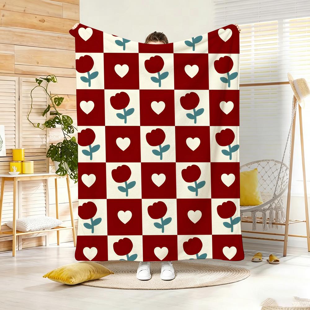 Y2K Heart Check Throw Lightweight 240g Flannel Blanket Soft Skin-friendly for Summer Cooling