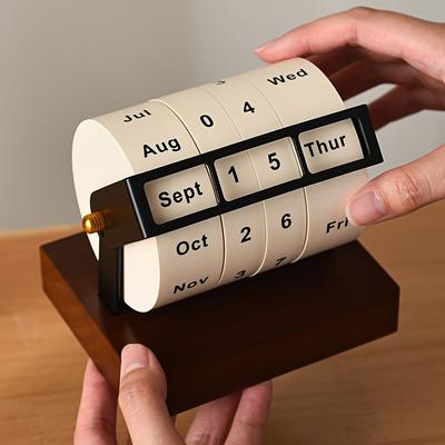 2025 New Model Retro Mechanical Style Rotating Wheel Perpetual Calendar Solid Wood Base, Monthly, Day Indicator, Natural Wood Finish
