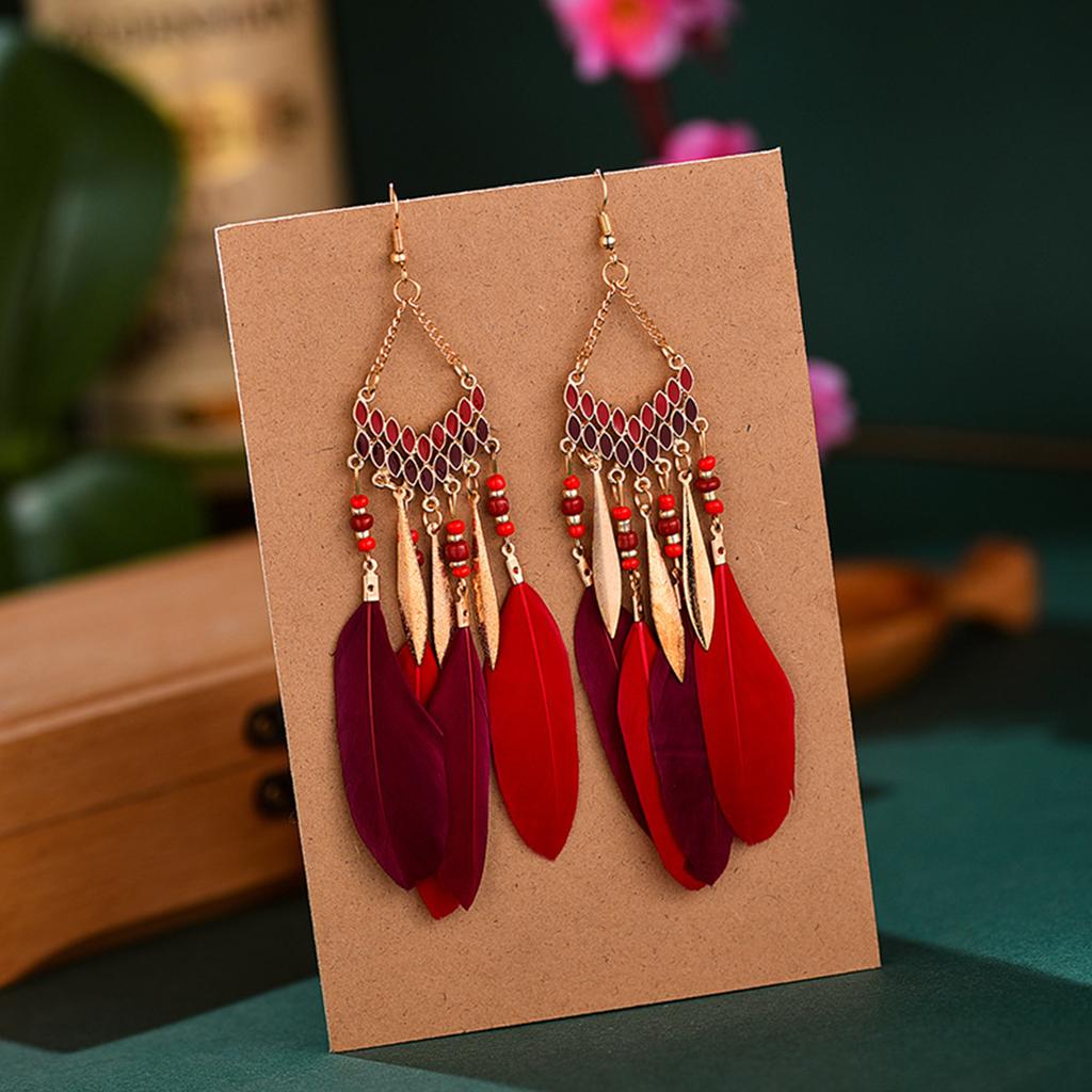 Long Feather Tassel Earrings Indian Jewelry Natural Rice Beads Dangle Earrings