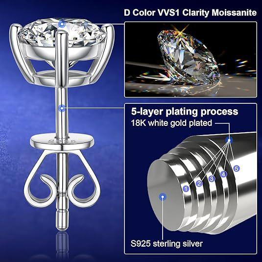 New S925 Sterling Silver Setting Round Faceted Cut Moissanite Diamond Women Ear Stud Earring Pair Fine Jewelry for Women Men
