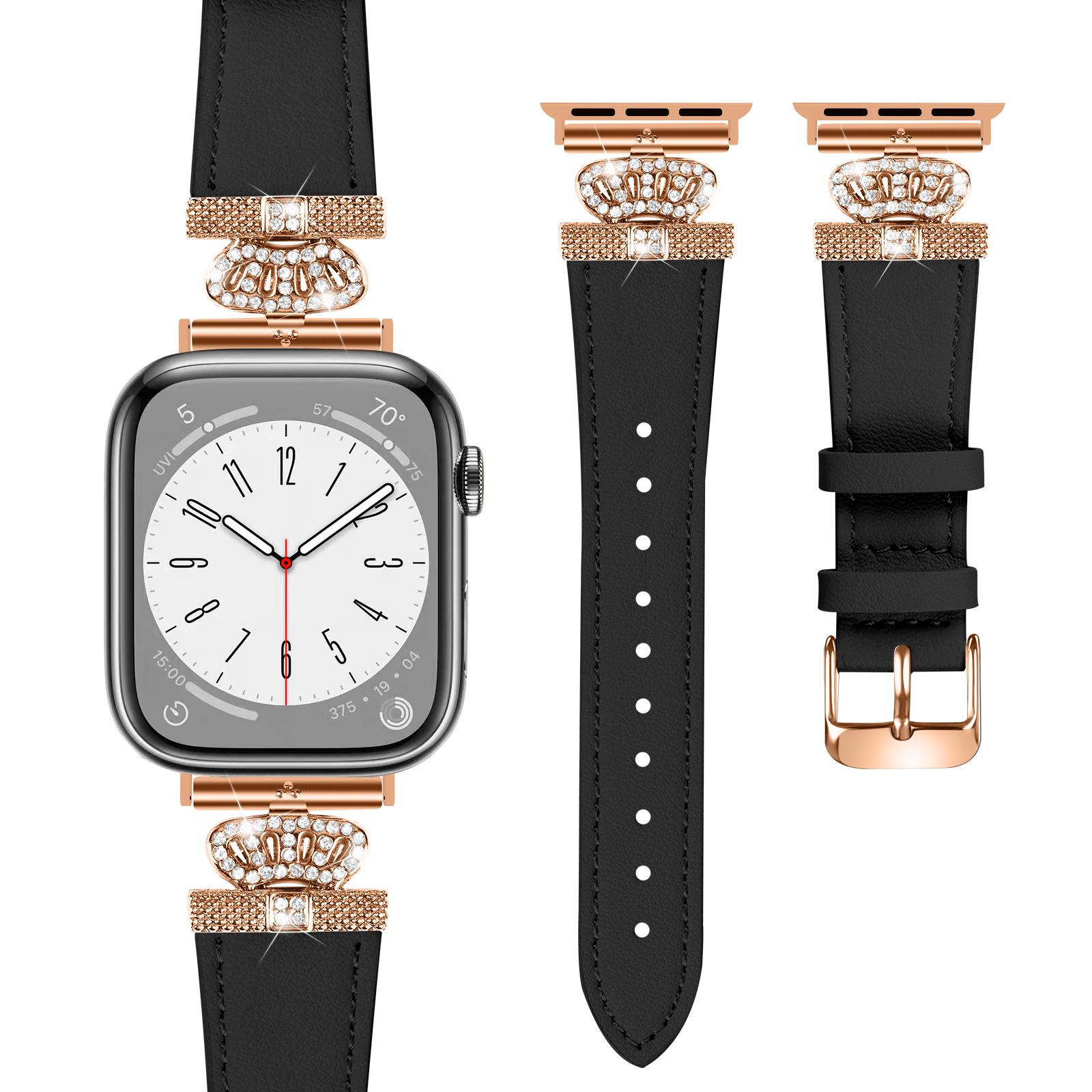 

Genuine Cow Leather Strap for Apple Watch Series 10 42mm/9 8 7 41mm/SE (2023) SE (2022) SE 6 5 4 40mm/3 2 1 38mm Band with Rose Gold Buckle Black