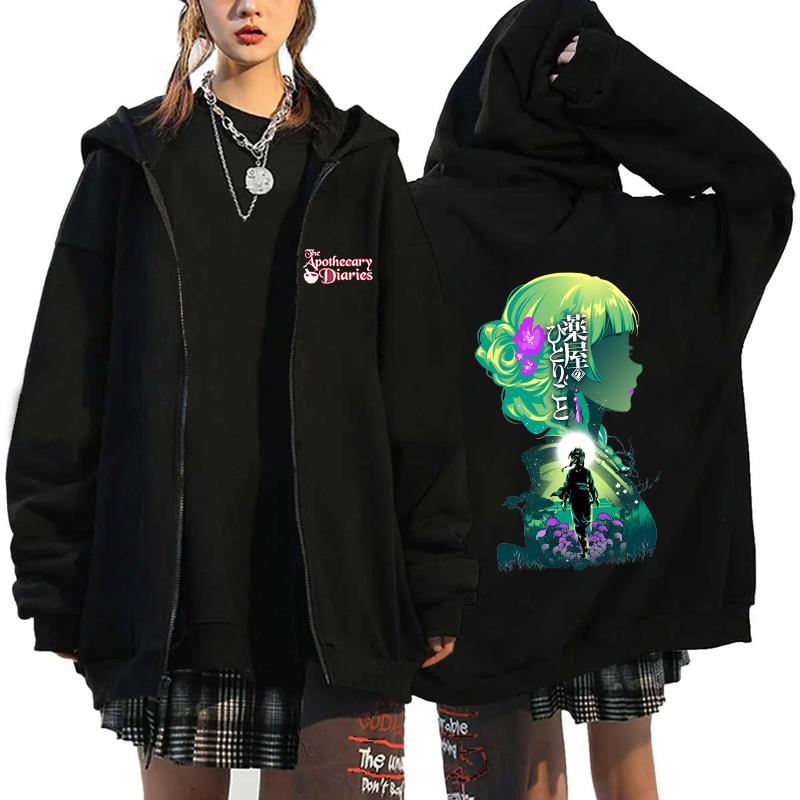 Heißer Anime The Apothecary Diaries Bedruckte Hoodies Hip-Hop Reißverschluss-Hoodies Herbst und Winter Streetwear Sweatshirt für Frauen Männer M black