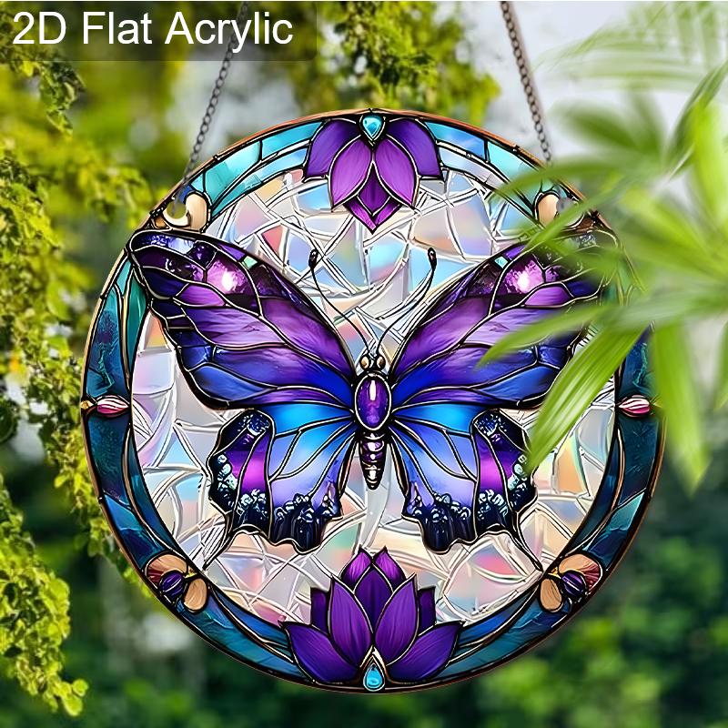Acrylic Purple Butterfly with Floral Suncatcher, Stained Glass Style Window Hanging for Nature and Butterfly Lovers