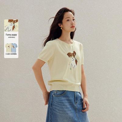 INMAN Playful Puppy Embroidered Short Sleeve Knit Top