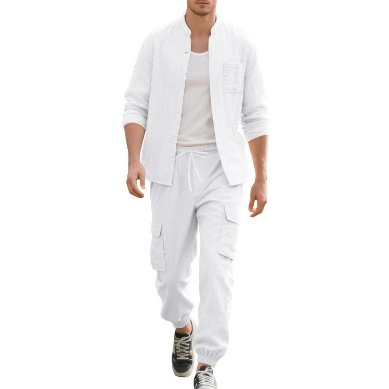 Men's Linen Shirt and Pants Set Long Sleeve Button Up Relaxed Beach Holiday Two Piece Outfit