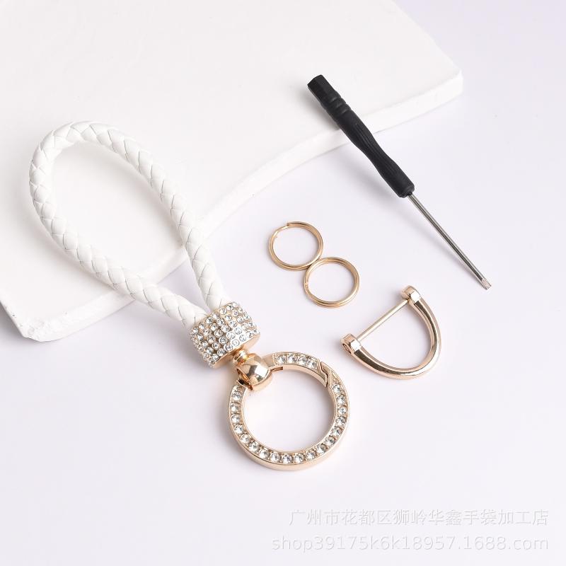 Handcrafted Braided Rope Keychain Sparkling Rhinestones - Stylish Monochrome Car Key Ring Fashion-Forward Accessory