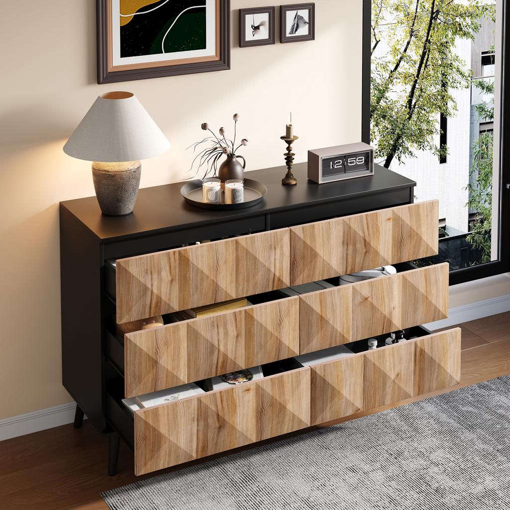 The sideboard and the dresser are characterized by a combination of black and natural wood tones as well as raised doors.
