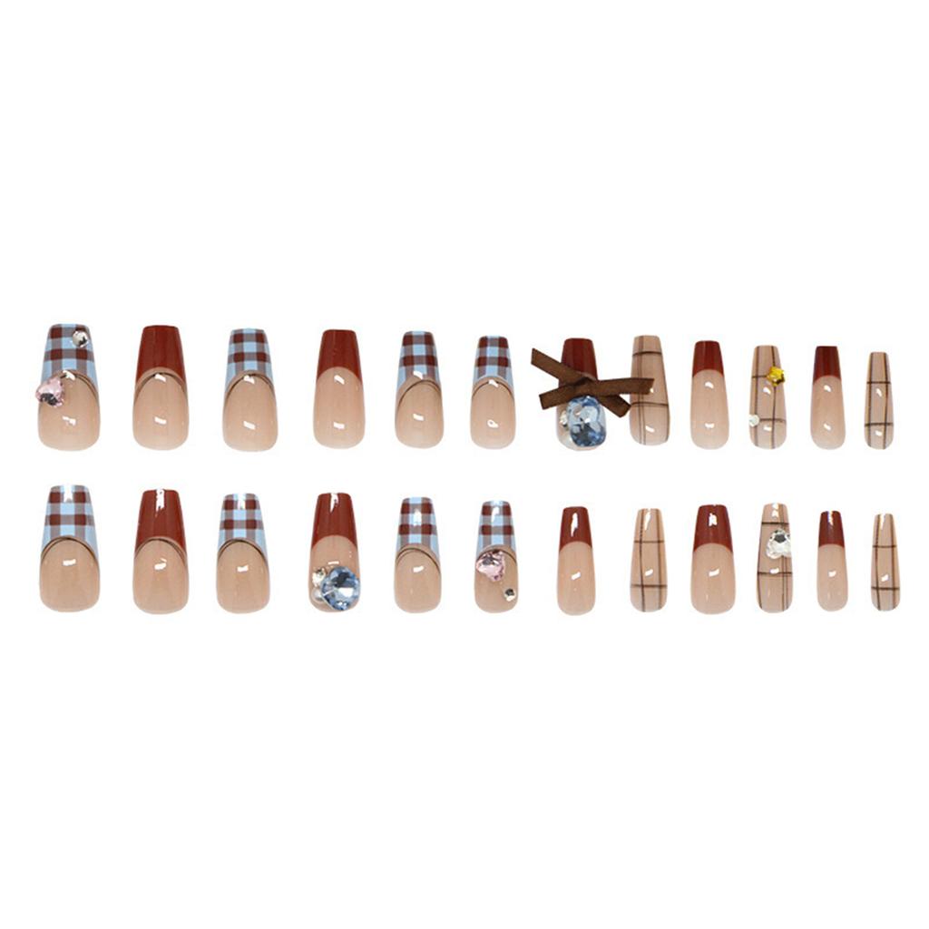 24 Pieces Elegant Checkered Patterned Press on Nail With Delicate Bowknots False Nail Suitable For Fashion Ladies