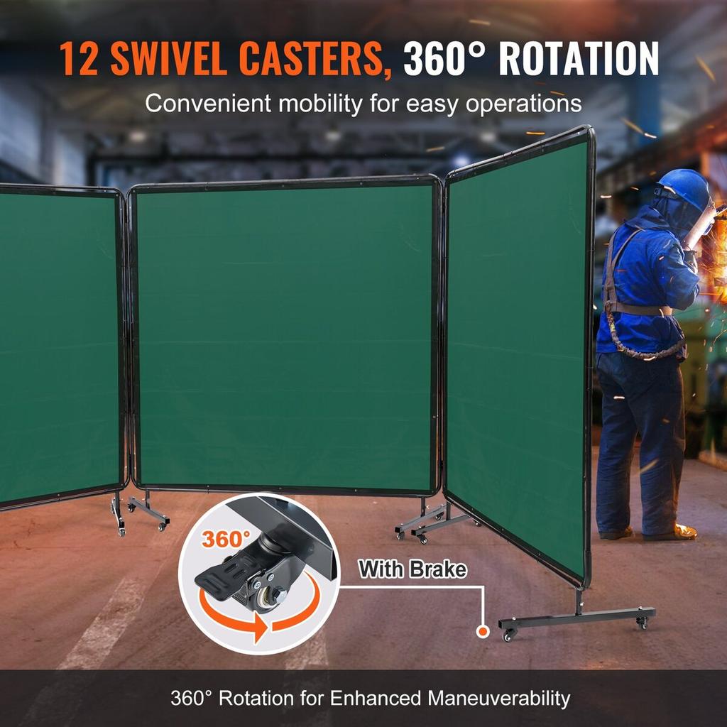 Welding Screen with Frame, 6' x 6' 3 Panel Welding Curtain Screens, Flame-Resistant Vinyl Welding Protection Screen on 12 Swivel Wheels (6 Lockable),