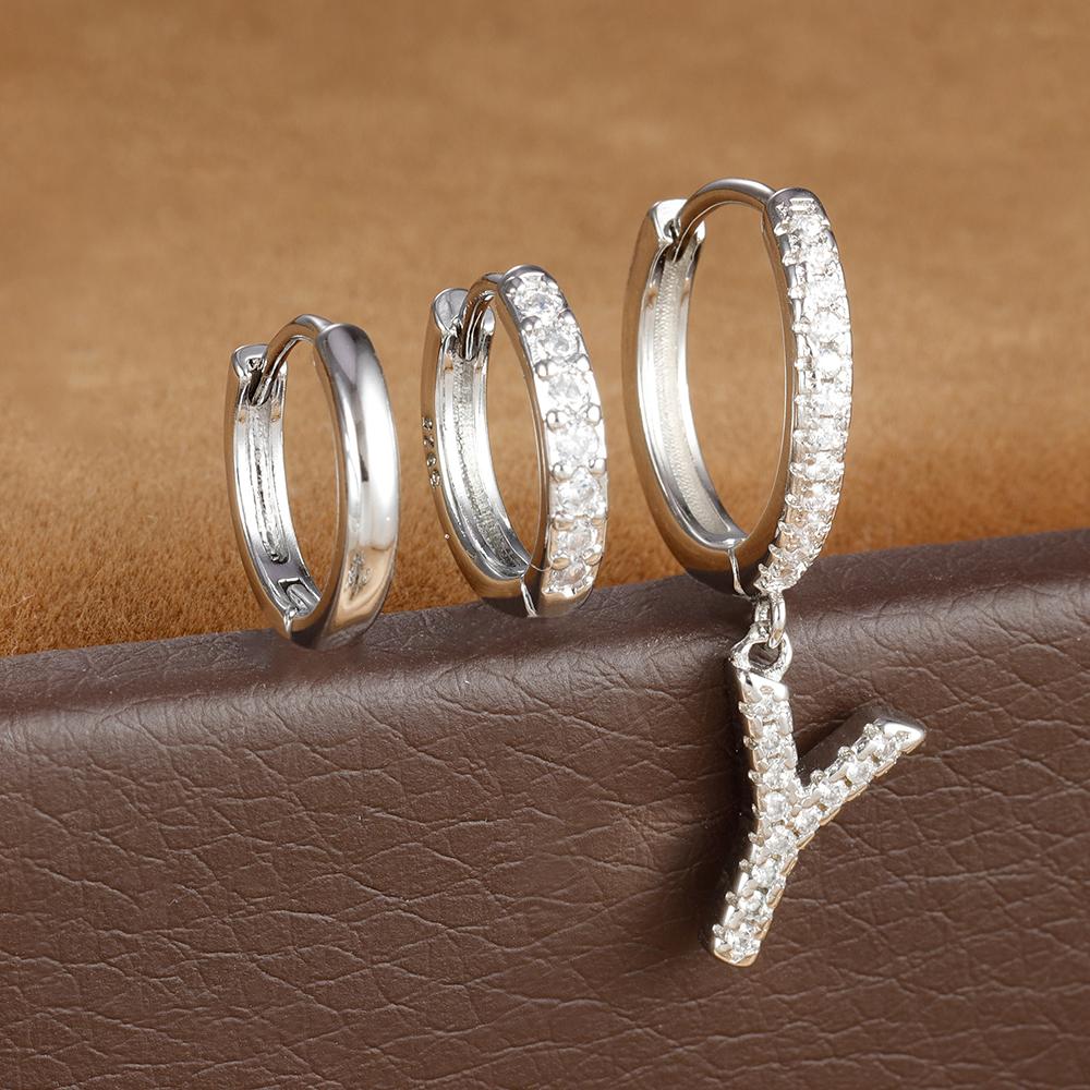 3pcs Silver Color Stainless Steel 26 Letters Hoop Earrings Set For Women A-Z Crystal Zircon Geometric Earrings Wedding Jewelry