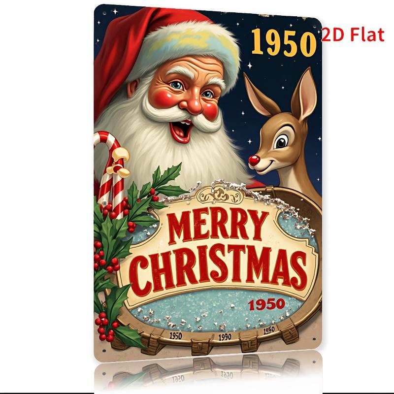 Santa Claus Vintage Metal Sign  1950s Retro Christmas Decoration with Santa  Reindeer Durable Iron Wall Art for Home Party 20x30cm（7.8x11.8inch）