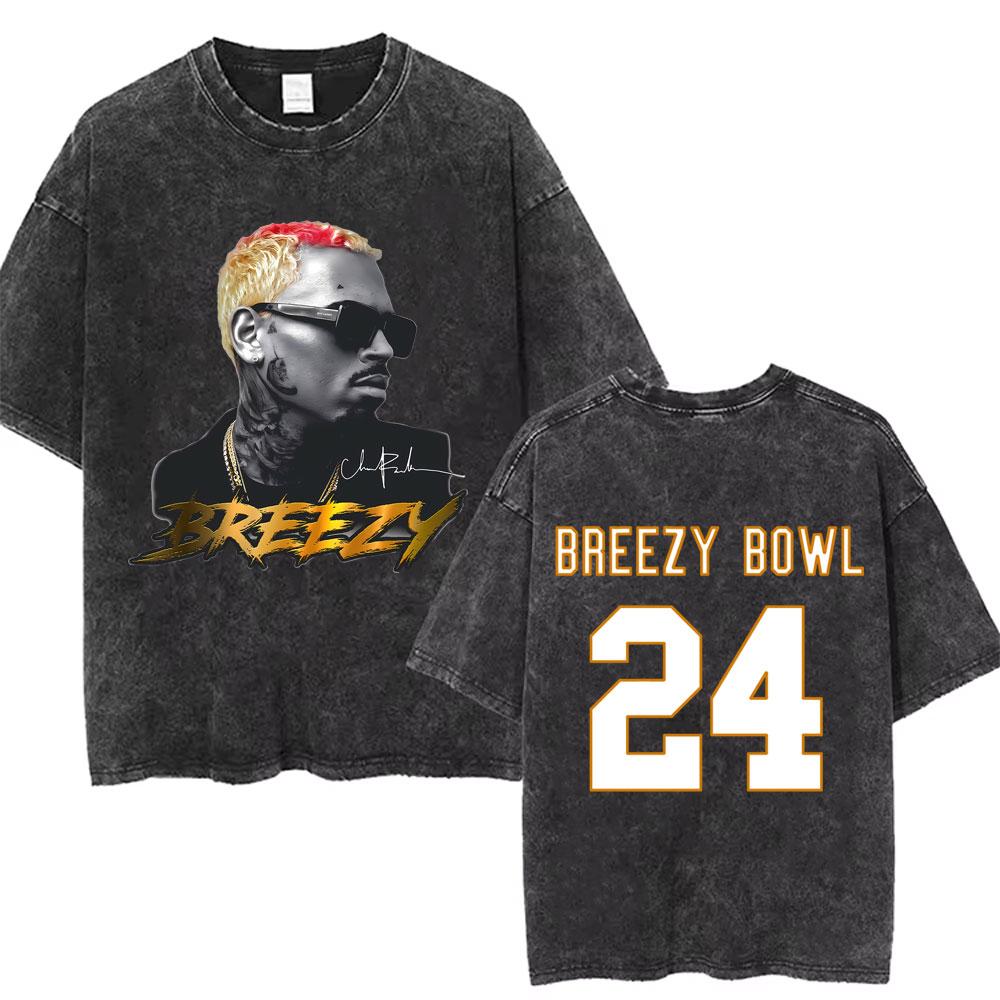 Retro gewaschen Chris Brown Breezy Bowl XX Tour Grafik T-Shirts Herren Hip Hop Mode Freizeit-T-Shirts Unisex Sommer Baumwoll-T-Shirts