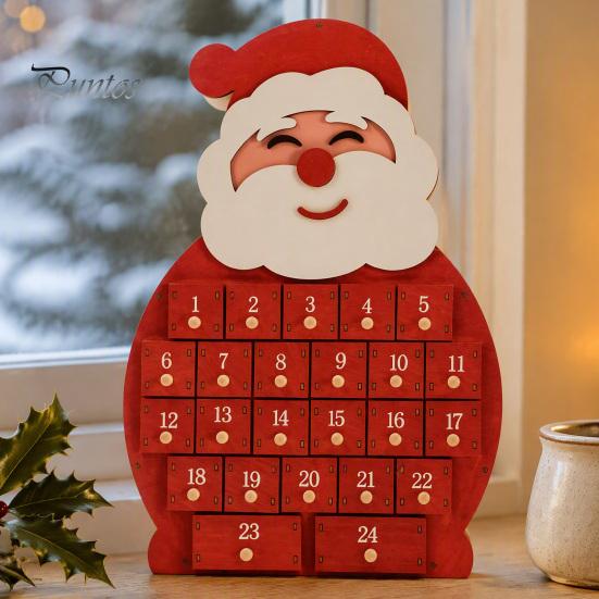 Mini Ornament Holder Wooden Santa Snowman Advent Calendar, 24-Day Countdown Box with Calendar Numbered Drawers, Christmas Tabletop Decor, Candy