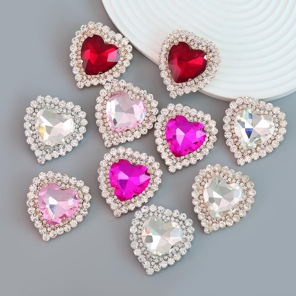 Spring 2024 New Metal Glass Rhinestone Heart Stud Earrings Engagement Party Luxury Jewelry Women's Elegant Shiny Accessories