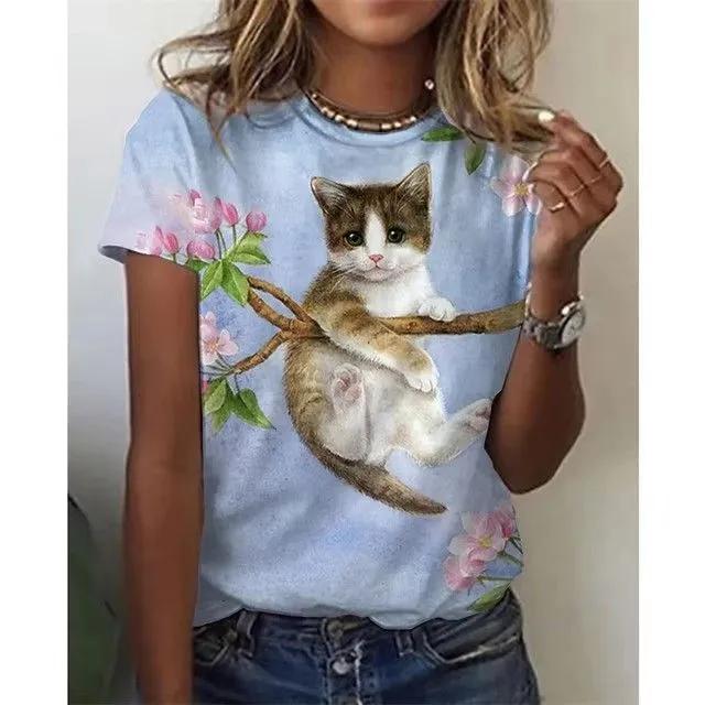 Sommar Rundhals 3D Kattryck Topp Trendiga Vardagliga Kortärmade Dam T-shirts