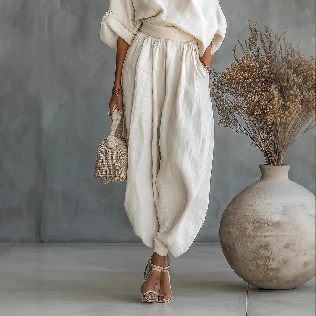Spring 2026 European Casual Loose Cotton Linen Set: Wide-Leg Lantern Pants & Top