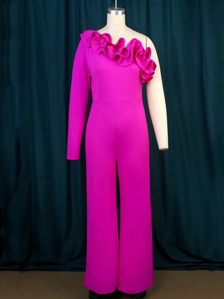 AOMEI Salopete bodycon pentru femei, cu volane, cu un umăr, cu mânecă lungă, talie înaltă, Fushcia, seara, petrecere de aniversare, salopete pentru evenimente, marimi mari