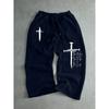 Men's Fashionable Casual Cross Printed Pants, Drawstring Straight Waist Pants, Street Style Loose Sports Pants, Daily Commuting Pants