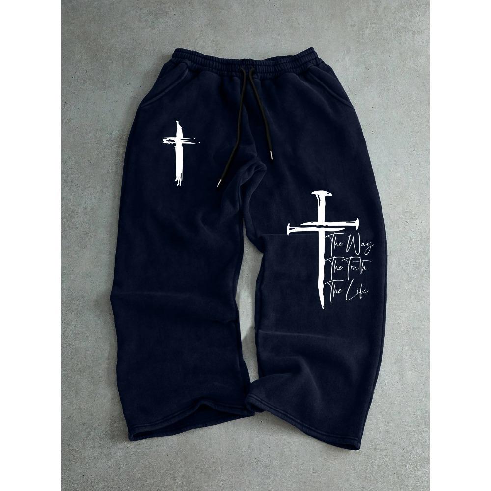 

Men s Fashionable Casual Cross Printed Pants, Drawstring Straight Waist Pants, Street Style Loose Sports Pants, Daily Commuting Pants S