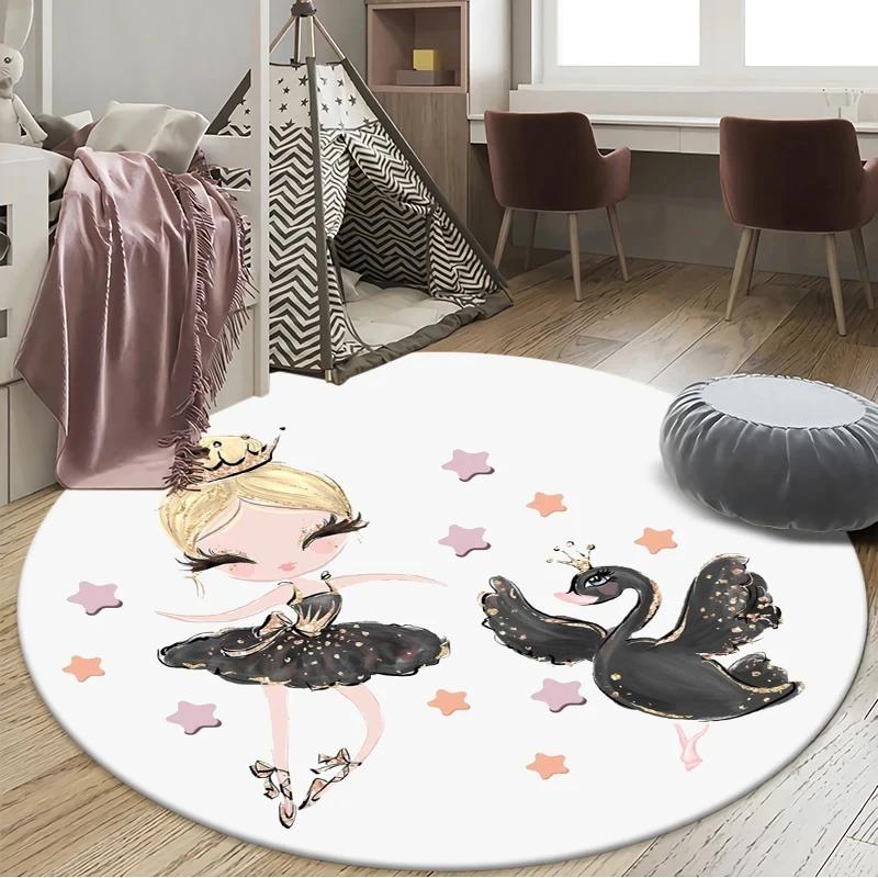 Ballet Dancer Girl Round Carpet Cute Cartoon Animal Fairy Print Area Rug For Bedroom Living Room Decor Non-Slip Play Floor Mat