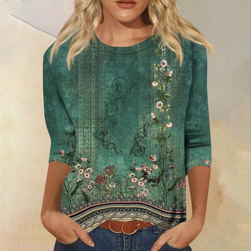 Women’s Casual Floral Print Three Quarter Sleeve Crew Neck Loose Fit Pullover Top for Daily Wear Spring Summer Autumn
