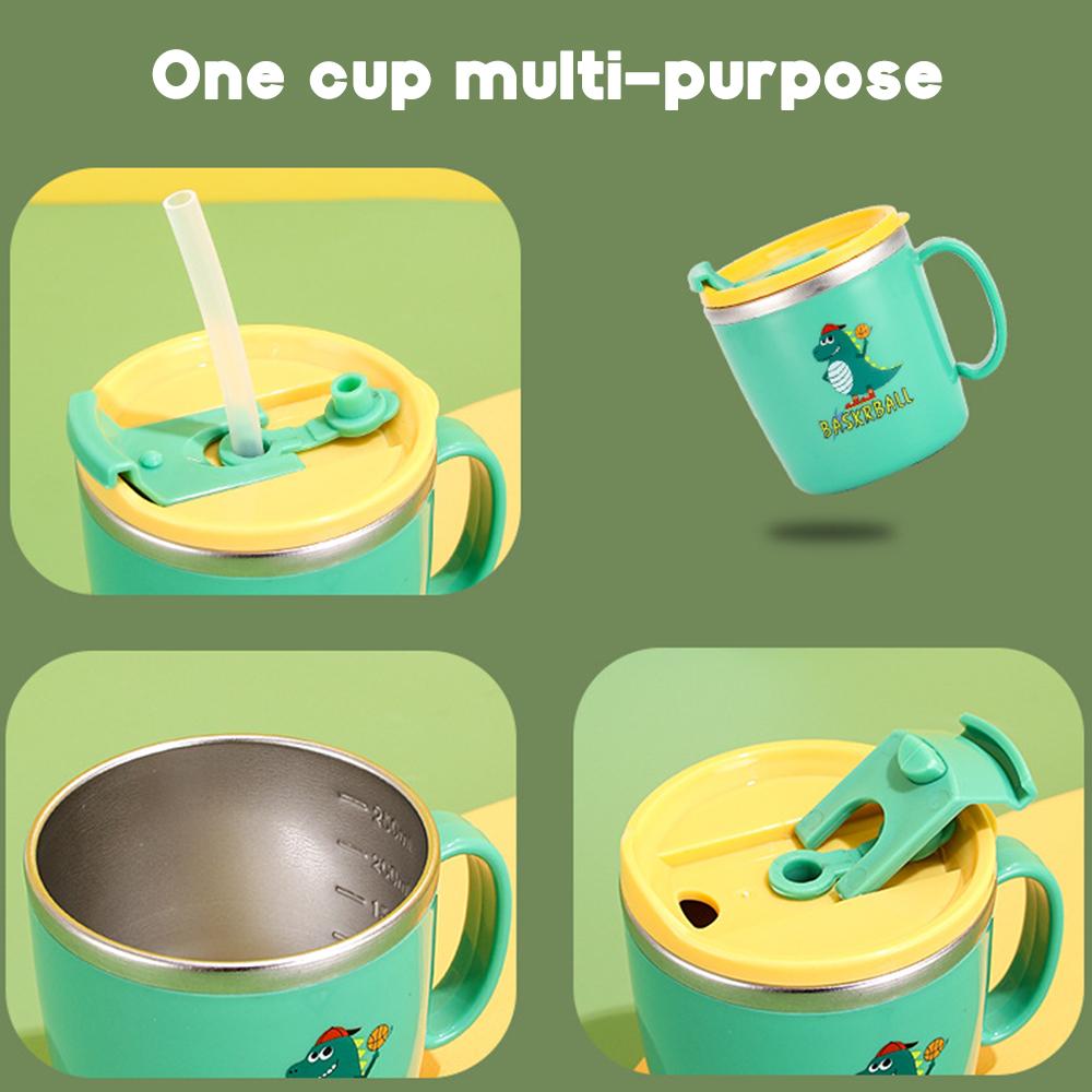 280ml Dětský hrneček na krmení s dinosaurem Nerezová termoska Hrneček se slámkou Dětský hrneček na mléko Proti horku a úniku Batolecí láhev na vodu