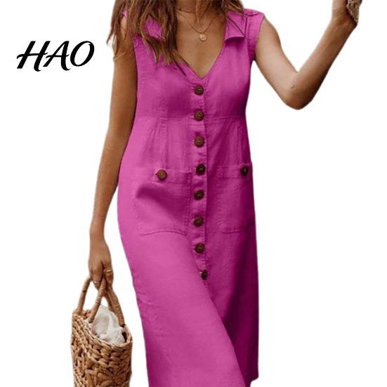 Midi Dress Women V Neck Solid Color High Waist Sleeveless Single-breasted Streetwear 2XL розы красного