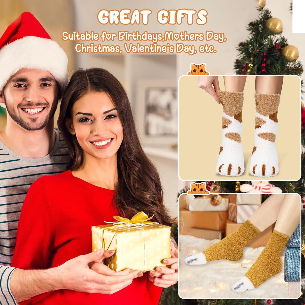 6 Pairs Womens Fuzzy Socks Cozy Fluffy Slipper Socks Cute Soft Cat Animal Winter Warm Sleep Socks Gifts