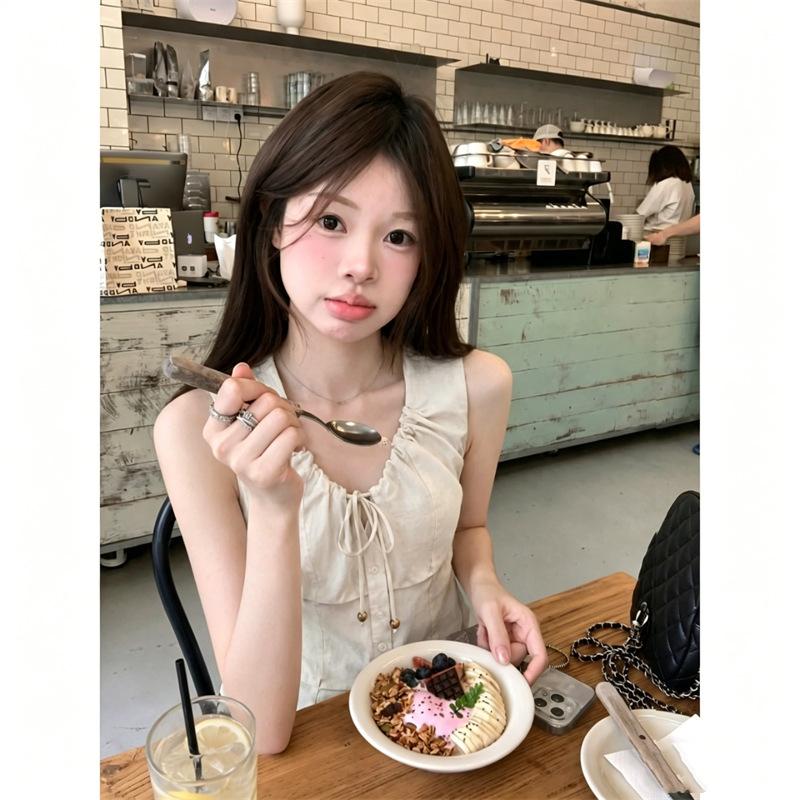 [Original quality + inner lining] American retro Spice Girl collar vest, suspender, sleeveless summer drawstring beaded top