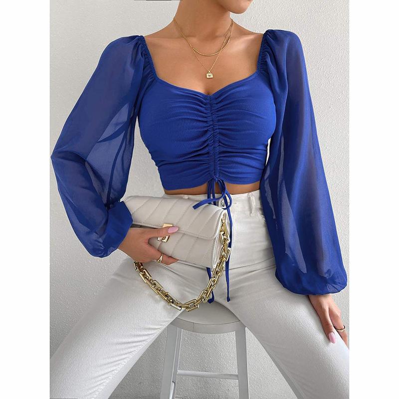 Ženy Sexy halenky s výstřihem do V Letní Šňůrka Bandáž Topy s dlouhým rukávem Dámská móda Krátké oblečení