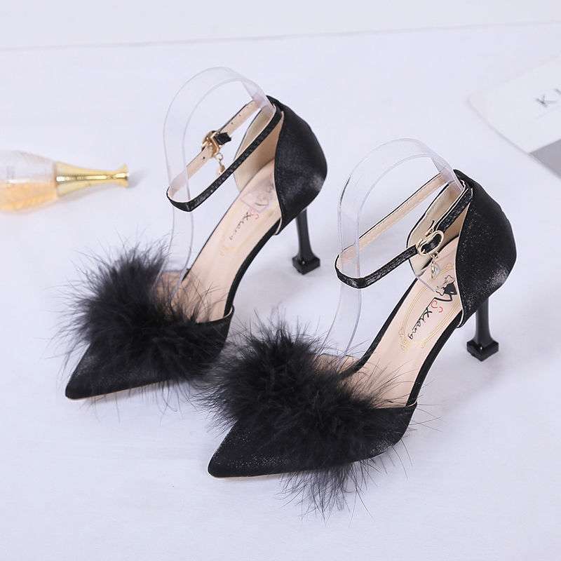 One-word Buckle Sandals Women's Spring and Summer Fringed Fluffy Shoes Pointed Cat Heel High Heels Light Mouth Medium Heel Stiletto Single Shoes