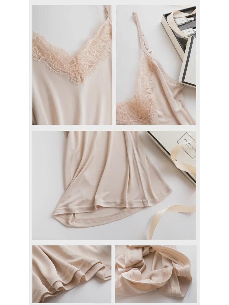 Tangge Maulbeerseide V-Ausschnitt Spitzen-Spaghettitop