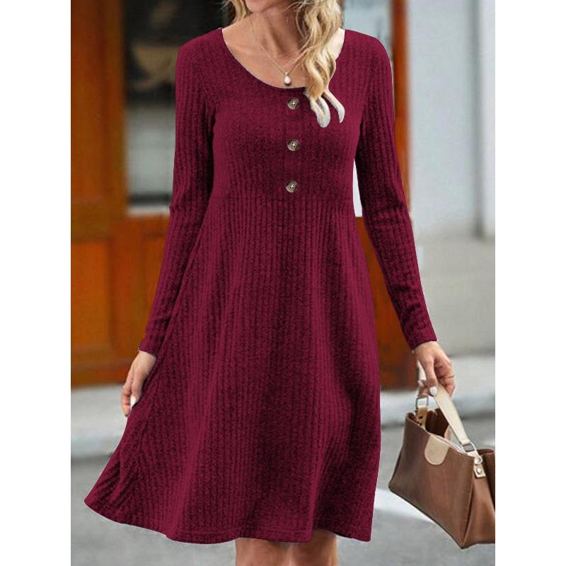 IHUASU Fashion Autumn Winter Solid Color Print Long Sleeve U-Neck Casual Dresses