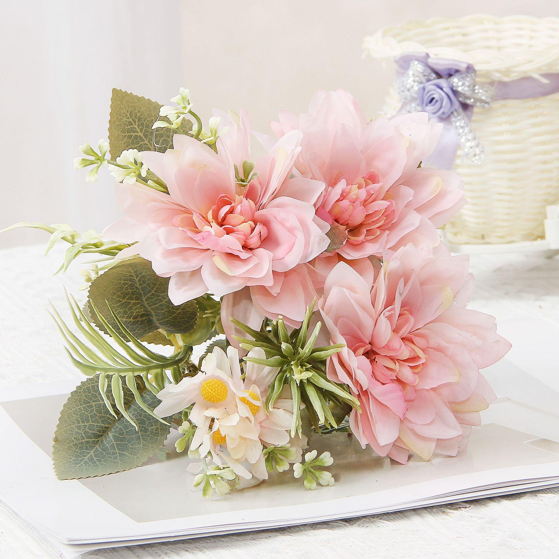 Purple Artificial Dahlia Flowers, Fake Silk Flowers with Greenery for Home & Wedding Decor розовый