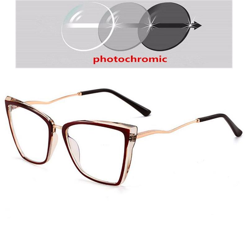Women Men Anti-Blue Light Cat Eye Myopic Glasses +Metal Myopia Photochromic Prescription Eyeglasses 0 -0.5 -0.75 To -6.0
