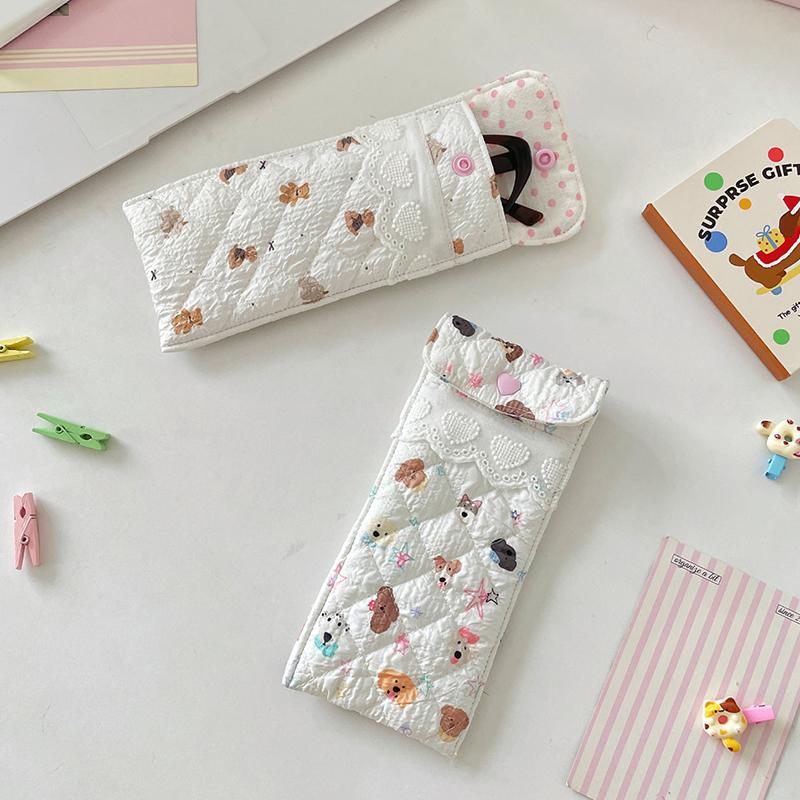 Kawaii Quilted Glasses Bag Cute Cartoon Eyeglasses Pouch Soft Cotton Sunglasses Case With Heart Button Lace For Women Girls