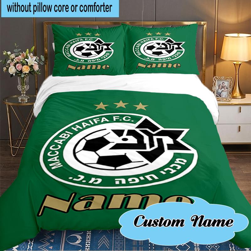 Custom Name Maccabi FC Crest Bedding Set 3pcs, Bedding Set Including 1pc Duvet Cover And 2pcs Pillowcases for Bedroom, Dormitory Gift