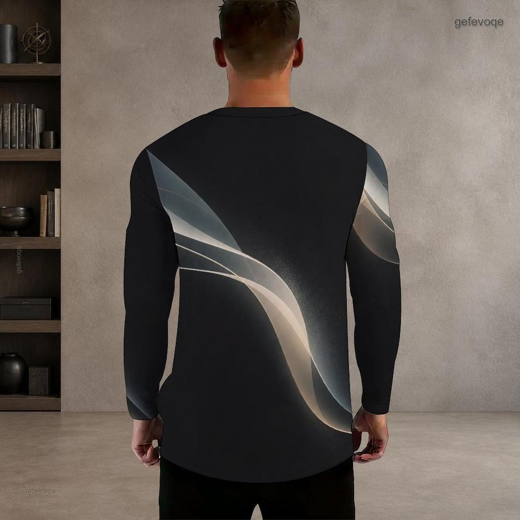 Men Plus Size Round Neck Long Sleeve Printed T Shirt Black Gold Blue Casual Pullover