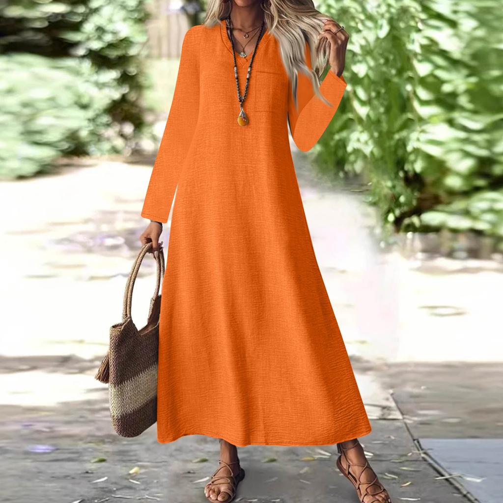 Women's Fashion V-Neck Long Sleeve Pocket Solid Color Zipper Casual Vacation Long Cotton Linen Dresses