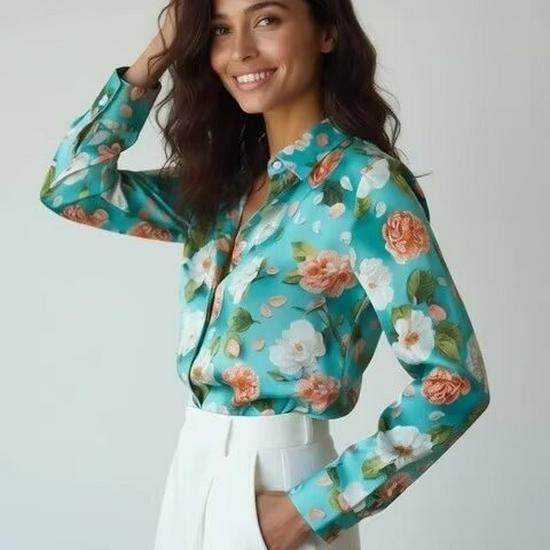 2026 Retro Floral Loose-Fit Women s Shirt - Long Sleeve Spring/Autumn Design L