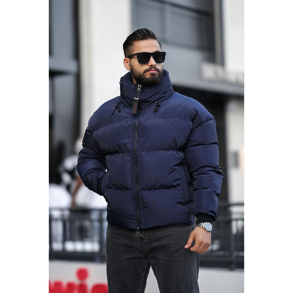 Concealable Hooded Men's Puffer Nubuck Leather Coat