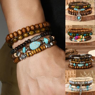 Elegancka bransoletka z koralików boho w kolorze turkusowym dla kobiet, wielowarstwowy zestaw biżuterii z naturalnego kamienia i drewnianych koralików dla mężczyzn, biżuteria świąteczna