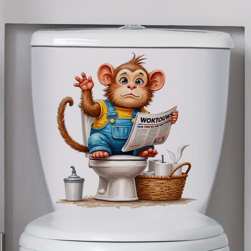 3D Funny Cartoon Monkey Reading Newspaper Toilet Wall Sticker Self-Adhesive Waterproof Removable Bathroom Home Decor Art
