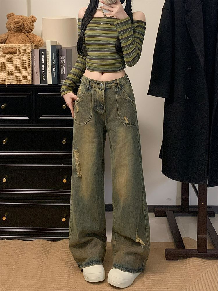 

Нишевый Дизайн Чувство Рваных Джинсов Женские Осенние Винтажные Прямые Брюки с Завышенной Талией и Широкими Штанинами Джинсы для Женщин Длинные Джинсовые Брюки 4XL